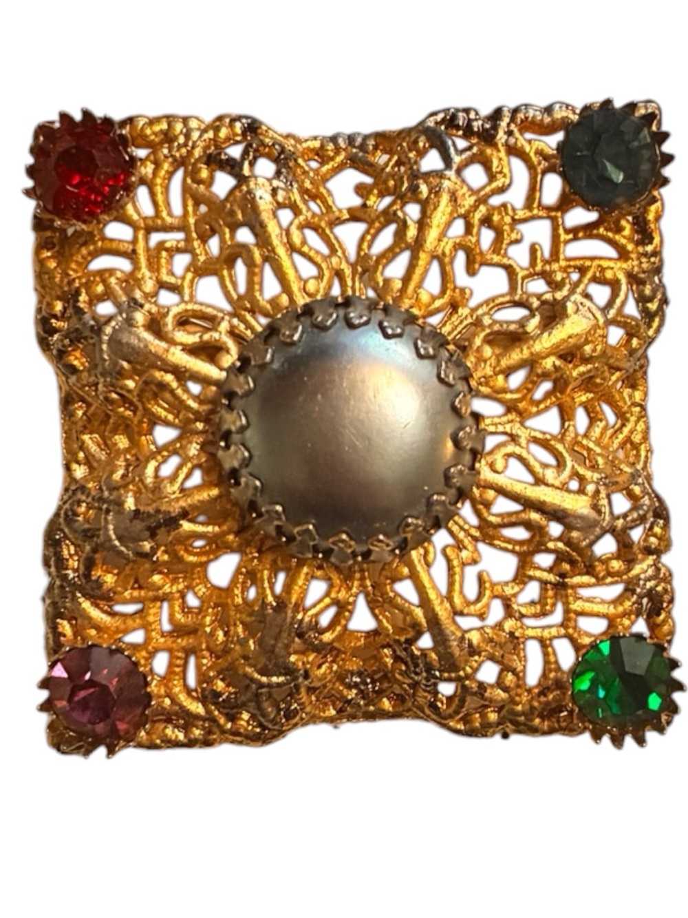 Vintage Gold Filigree Brooch with Red, Pink, Green, and Dark Green Stones